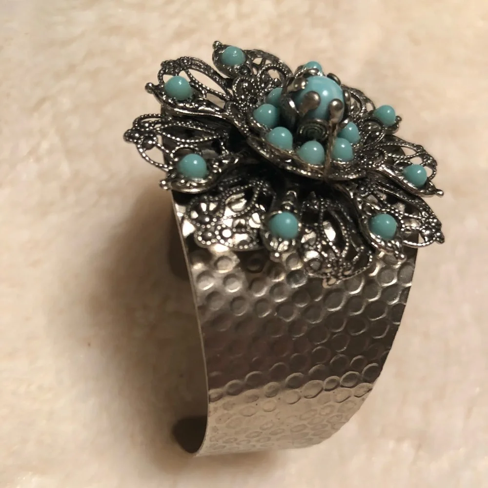 Vintage Turquoise Bead Hammered Cuff Bracelet